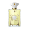 A bottle of Amouage Beach Hut Man fragrance with a white cap and gold accents. The bottle contains light yellow liquid and has decorative elements on the front, offering an olfactive escape that embodies the essence of freedom.