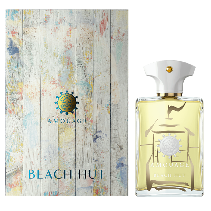 Image of Amouage Beach Hut Man perfume bottle and its packaging. The box has a rustic, painted wood design inspired by nature, while the bottle is transparent with a white cap and golden accent, containing light yellow liquid. This scent promises an olfactive escape that embodies freedom and tranquility.
