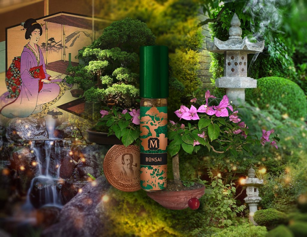 A green-capped bottle labeled "Bonsai" from House of Matriarch is placed amidst a lush zen garden with flowers, a small waterfall, greenery, a Japanese lantern, and traditional Japanese artwork in the background, evoking the pure essence of Japanese Cypress.