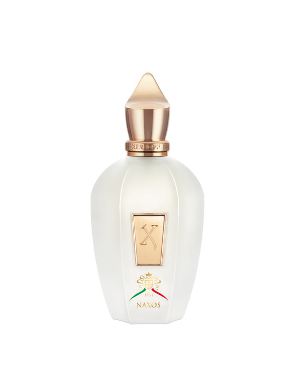 A white Xerjoff Naxos perfume bottle adorned with a gold cap and label, featuring the word "Naxos" and an ornate logo at the bottom, beautifully captures the vibrant essence of Sicily with notes of Mediterranean citruses.