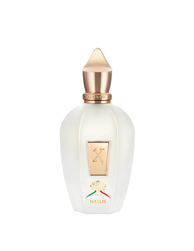A white Xerjoff Naxos perfume bottle adorned with a gold cap and label, featuring the word "Naxos" and an ornate logo at the bottom, beautifully captures the vibrant essence of Sicily with notes of Mediterranean citruses.