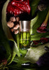 A green perfume bottle labeled "Bête Humaine" is placed on large green leaves, surrounded by various flowers and plants. Water droplets are visible on the leaves, evoking the forest scent of chestnut trees. The product is Bête Humaine by Liquides Imaginaires.