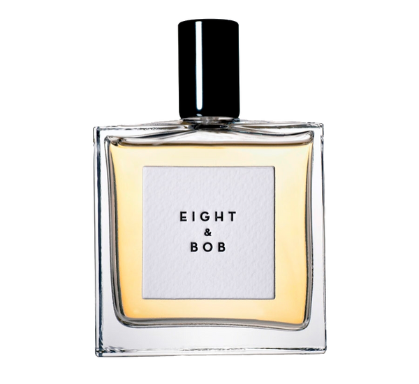 A square bottle of Eight & Bob Eight & Bob with a black cap and clear liquid, displaying the brand name in black text on a white label.