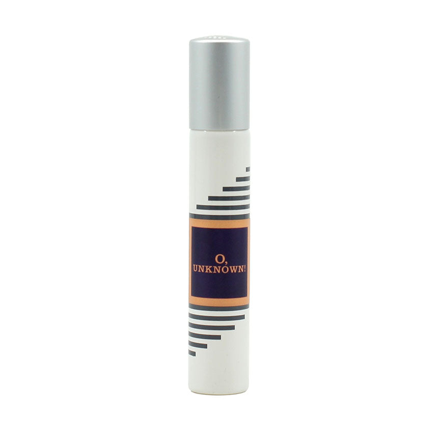 A white cylindrical bottle with a gray cap and a black-and-orange label reading "O, Unknown!" in the center graces the room with subtle hints of Black Tea, brought to you by Imaginary Authors.