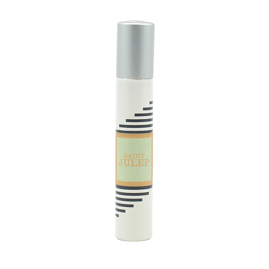 A white cylindrical bottle with a silver cap and a horizontal black and tan striped label reading "Imaginary Authors' Saint Julep" evokes the charm of Southern Magnolia.