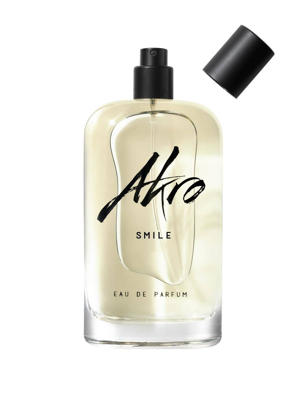 A transparent bottle of Akro's SMILE Eau de Parfum, a unisex fragrance, with a black spray cap removed and placed to the side.