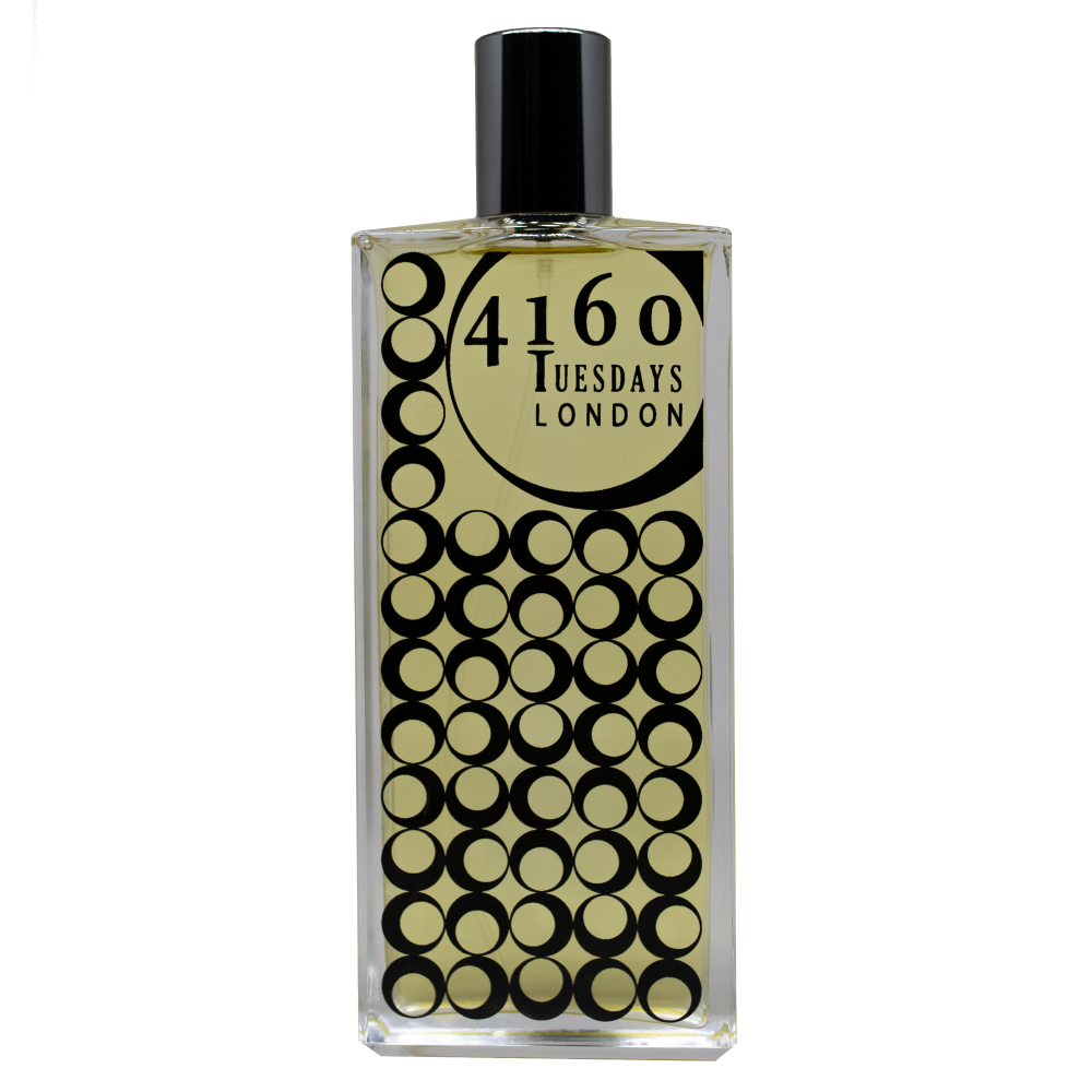 A rectangular perfume bottle with a black cap. The label reads "4160Tuesdays" and features a design of concentric black circles on a golden yellow background, hinting at notes of sandalwood. The product name is Bodhi Language.