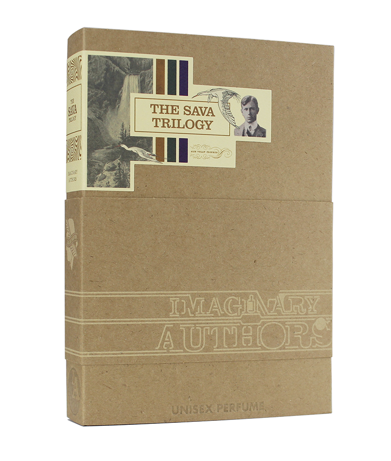 A cardboard box packaging titled "The Sava Trilogy Travel Set" by Imaginary Authors: Unisex Perfumes, featuring a monochrome photograph of a person in the upper right corner, perfect for those who enjoy travel sizes and captivating scents like Cape Heartache.