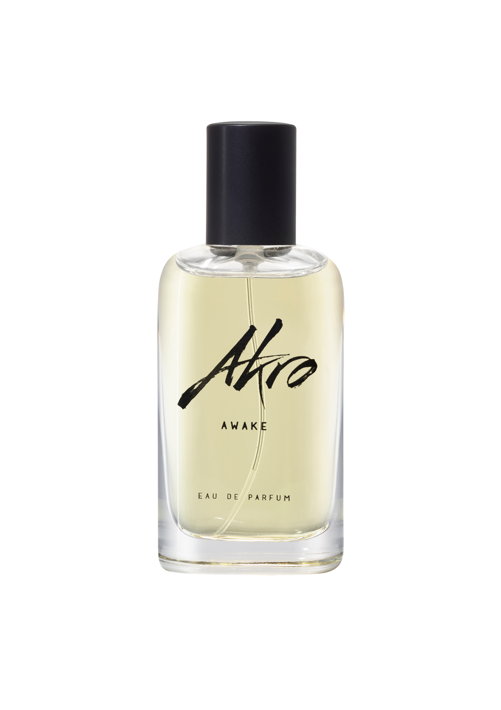 A clear bottle of Akro AWAKE Eau de Parfum with a black cap. The light yellow unisex perfume boasts a captivating coffee fragrance. The bottle's label reads "Akro" with "AWAKE" written underneath.