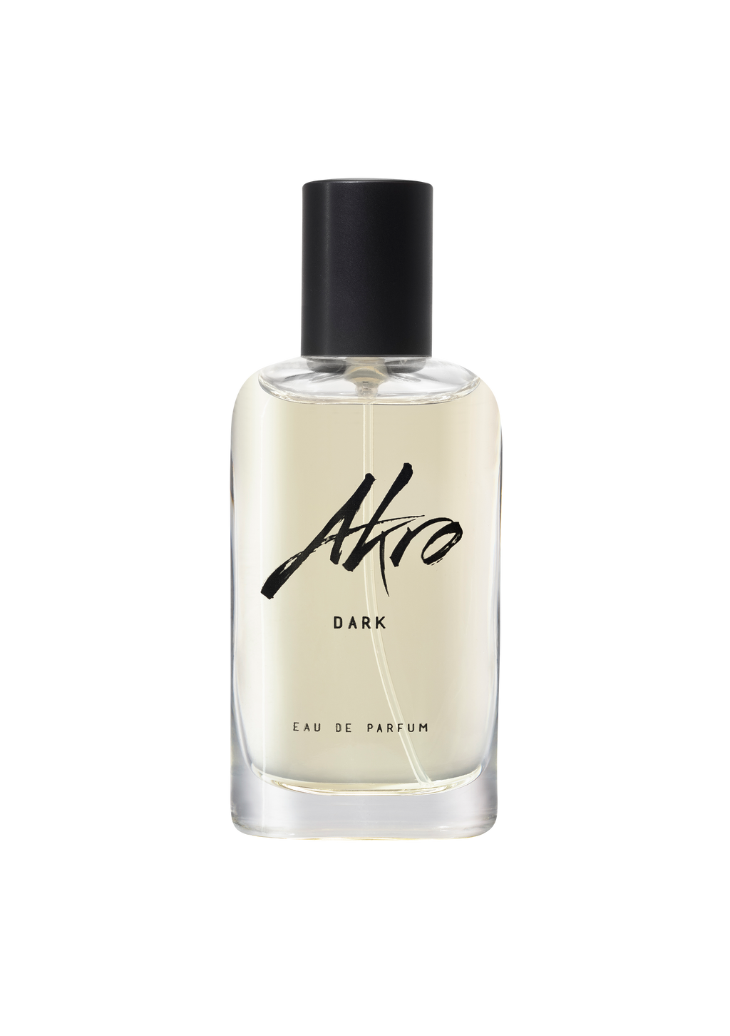 A transparent bottle of Akro DARK eau de parfum with a black cap and black text on the front, exuding a dark chocolate fragrance that captures mature sensuality.