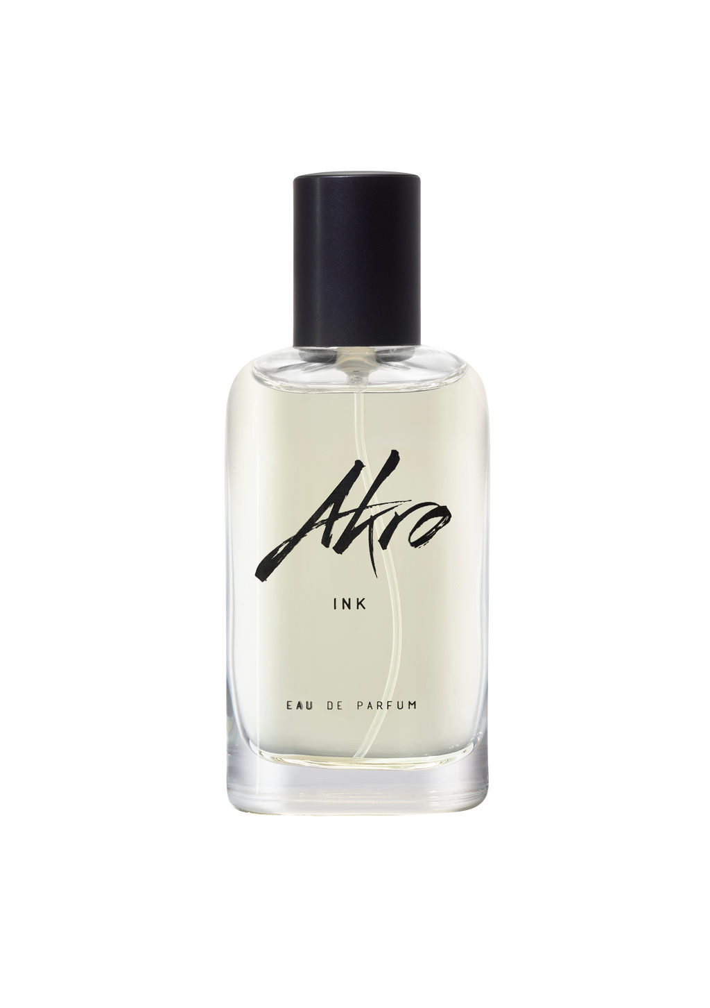 A clear glass bottle of Akro INK Eau de Parfum with a black cap and minimalist label, exuding a tattoo fragrance that captures the essence of black ink.