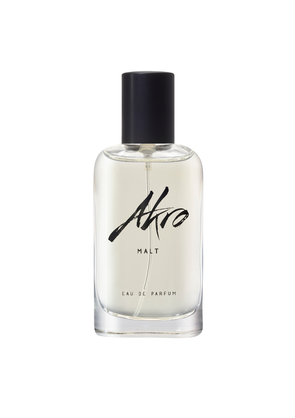 A clear glass bottle of Akro's MALT Eau de Parfum, boasting a smoky aroma, featuring a black cap and minimalist label design.