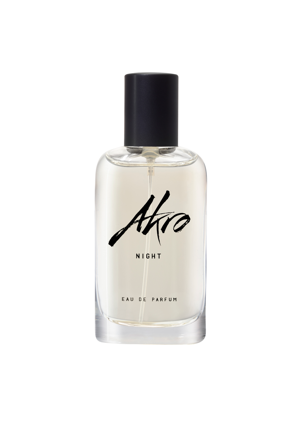 Clear glass bottle of Akro NIGHT Eau de Parfum with a black cap and black text on the label, exuding musky notes and a hint of Bulgarian rose.
