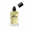 A clear bottle of Akro AWAKE unisex Eau de Parfum with a black spray nozzle and the cap removed, displaying light yellow liquid inside, emanates an energizing coffee fragrance.