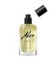 A clear bottle of Akro AWAKE unisex Eau de Parfum with a black spray nozzle and the cap removed, displaying light yellow liquid inside, emanates an energizing coffee fragrance.