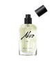 A clear bottle of Akro INK Eau de Parfum, adorned with black text on the front and featuring a detached black cap above it, captures the essence of a tattoo fragrance.