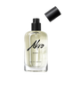 A clear glass bottle labeled "Akro NIGHT Eau de Parfum" with a black spray nozzle and a detached black cap, featuring musky notes and the essence of Bulgarian rose.