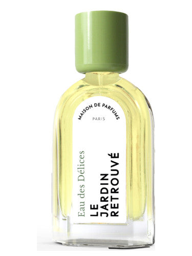A clear bottle of "Le Jardin Retrouvé" perfume with a green cap, labeled "Eau des Délices" and "Maison de Parfums Paris." This citrus perfume, featuring a yellow liquid, offers a refreshing Eau Fraiche experience, perfect as a unisex scent.
