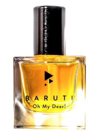 A square glass bottle of Baruti's "Oh My Deer!" sensual musky eau de parfum, featuring a black cap and amber-colored liquid.