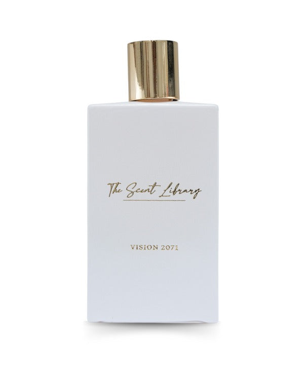 A sleek, white rectangular perfume bottle adorned with a gold cap features the labels "The Scent Library" and "Vision 2071" in luxurious gold lettering, enclosing an exquisite fragrance inspired by the UAE Centennial 2071 initiative.