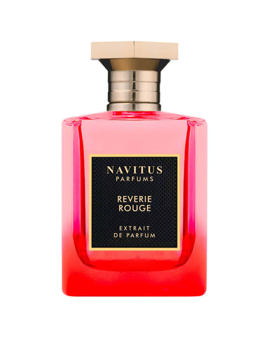 Reverie Rouge eau de parfum bottle, red-pink glass with gold cap and label
