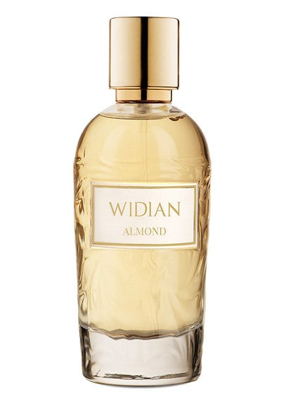 A clear glass perfume bottle with a gold cap and label reading "Widian Almond." The bottle contains a light amber-colored liquid, emanating a sweet almond aroma.
