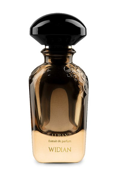 A bottle of Widian "Luban" extrait de parfum with a dark gradient design and a black cap, enriched with a hint of sandalwood.