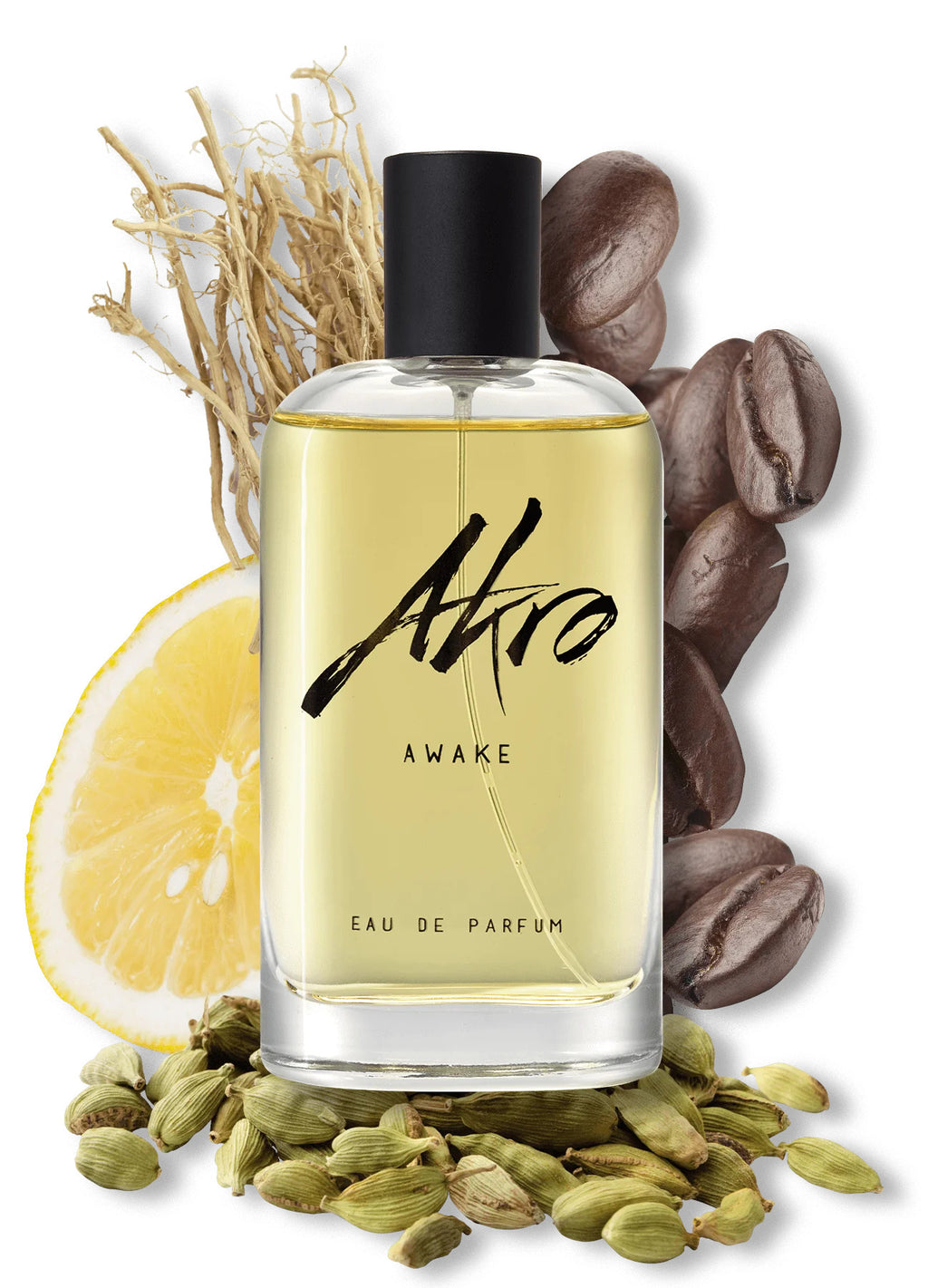 A bottle of Akro's AWAKE Eau de Parfum is showcased alongside coffee beans, lemon slices, cardamom pods, and roots in the background, emphasizing its distinctive coffee fragrance. This unisex perfume is ideal for those who desire a bold and refreshing scent.