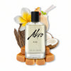 A bottle of RISE by Akro Eau de Parfum surrounded by caramel cubes, a coconut half, a vanilla flower, and a coconut drink with a straw and mint garnish—capturing the essence of summer fragrance with hints of sandalwood.