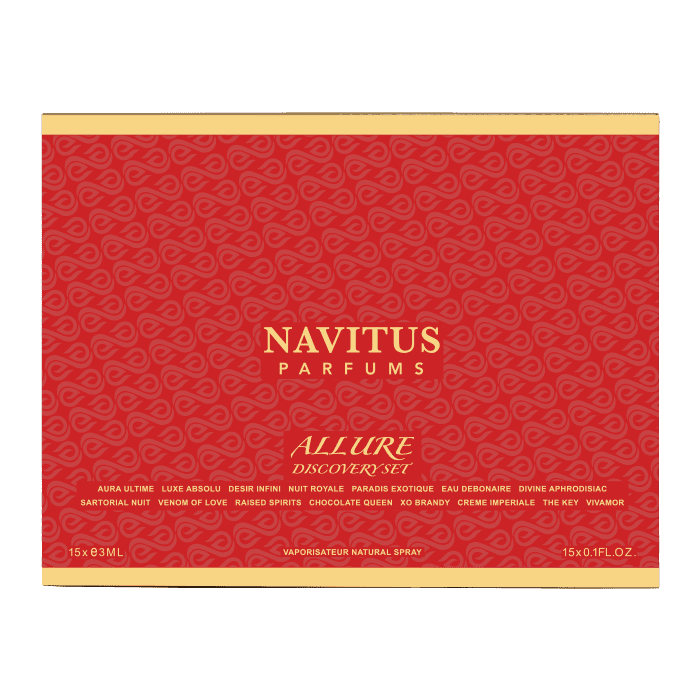 Red box of Navitus Parfums Navitus Allure Discovery Set containing 15 small perfume vials. The box features the fragrances' names in gold text and a repeating pattern.