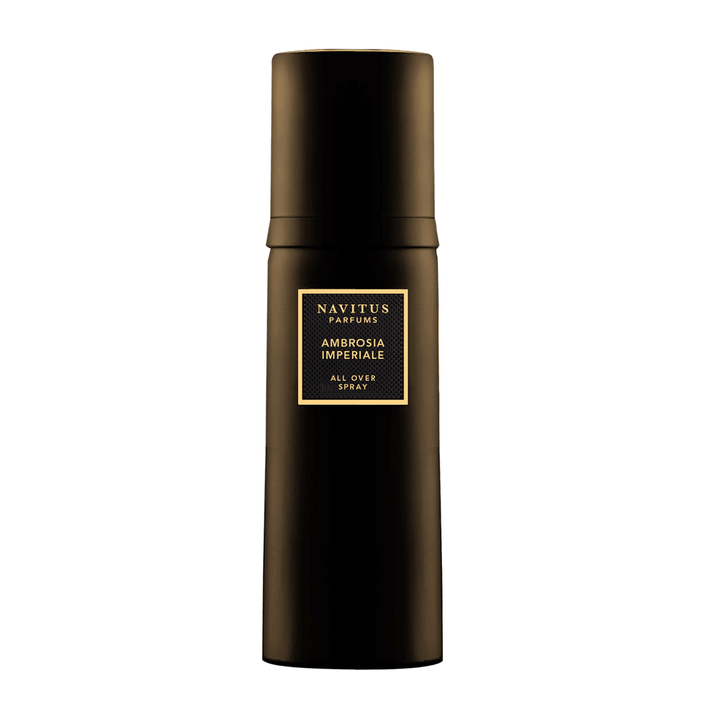 A sleek black spray bottle labeled "Navitus Parfums Ambrosia Imperiale," offering a luxurious fragrance experience with a subtle hint of banana note.