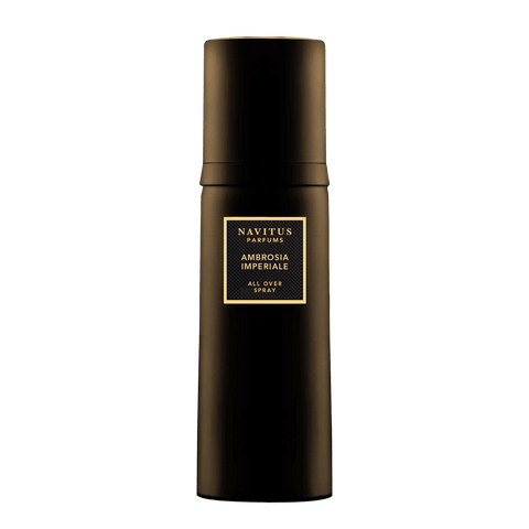A sleek black spray bottle labeled "Navitus Parfums Ambrosia Imperiale," offering a luxurious fragrance experience with a subtle hint of banana note.