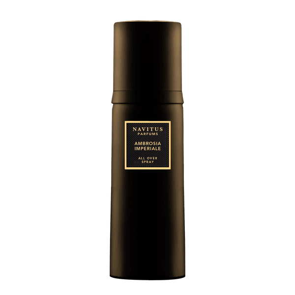 A sleek black spray bottle labeled "Navitus Parfums Ambrosia Imperiale," offering a luxurious fragrance experience with a subtle hint of banana note.