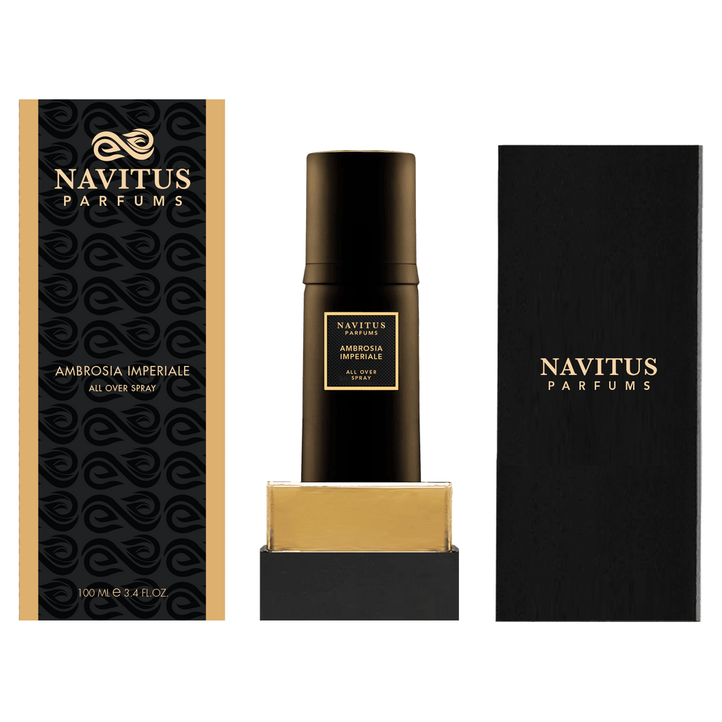 Image of a Navitus Parfums product. The box on the left is labeled "Navitus Parfums Ambrosia Imperiale All Over Spray". Created by Master Perfumer Bertrand Duchaufour, the signature-worthy fragrance "Ambrosia Imperiale" by Navitus Parfums is showcased centrally with matching packaging flanking the bottle on the right.