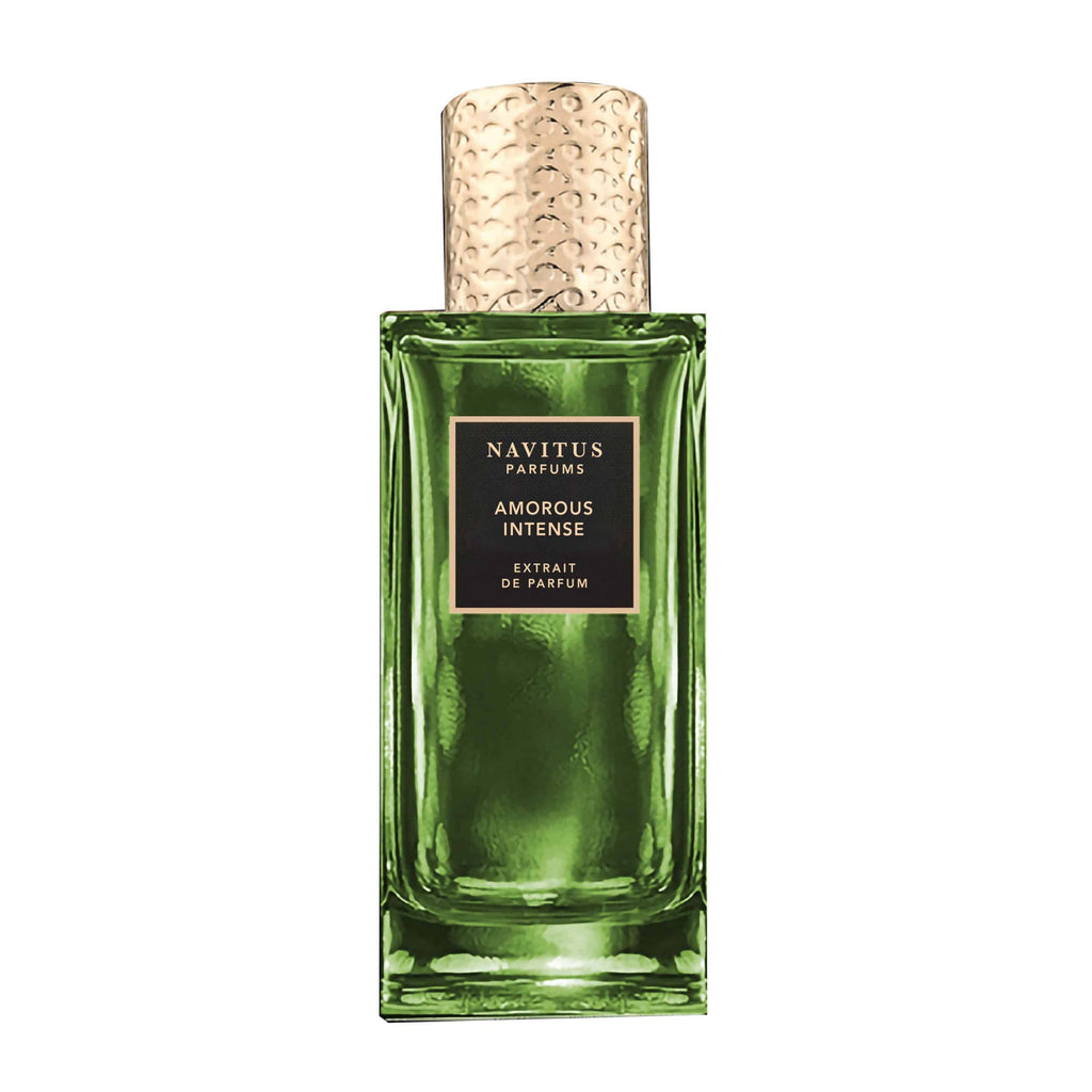 A green rectangular perfume bottle with a textured gold cap, labeled "Amorous Intense Navitus Parfums," houses a captivating fragrance crafted by master perfumers.