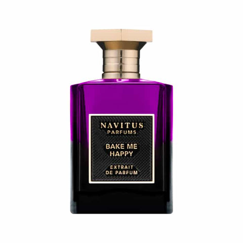 Perfume bottle with purple glass and gold cap, black label with Navitus Parfums text