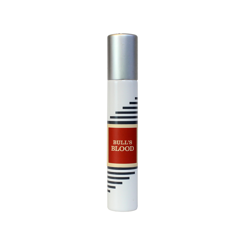 A white cylindrical bottle of Bull's Blood perfume by Imaginary Authors, adorned with a silver cap and black diagonal stripes, evokes a classic fragrance for lovers and brawlers.