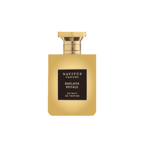 A rectangular gold bottle of Baklava Royale by Navitus Parfums, an exquisite gourmand fragrance designed by Bertrand Duchaufour, featuring a black label and a gold cap.