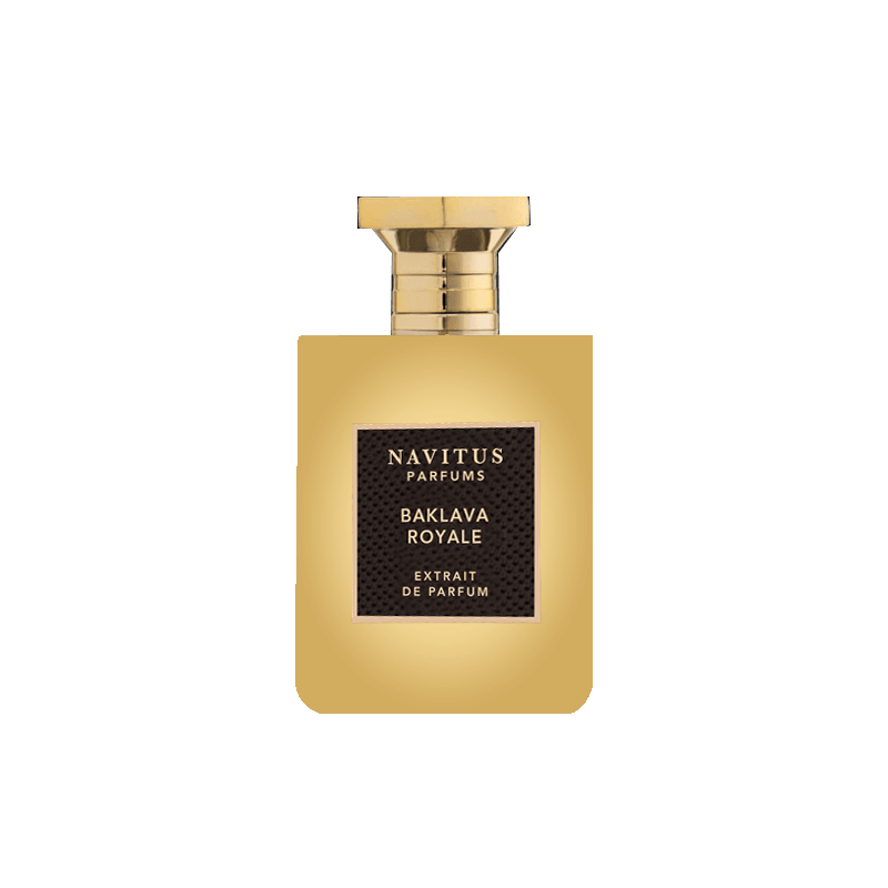 A rectangular gold bottle of Baklava Royale by Navitus Parfums, an exquisite gourmand fragrance designed by Bertrand Duchaufour, featuring a black label and a gold cap.