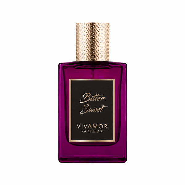 Bitter Sweet perfume bottle with gold cap, purple glass and label by VIVAMOR