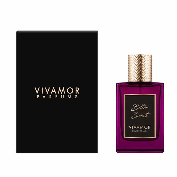 Bitter Sweet perfume set: black VIVAMOR box and purple bottle with gold cap