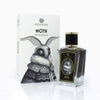 A bottle of Zoologist Moth is positioned next to its white box adorned with a detailed black and white illustration of a moth, exuding a hint of dark spices that enhance its gothic scent.