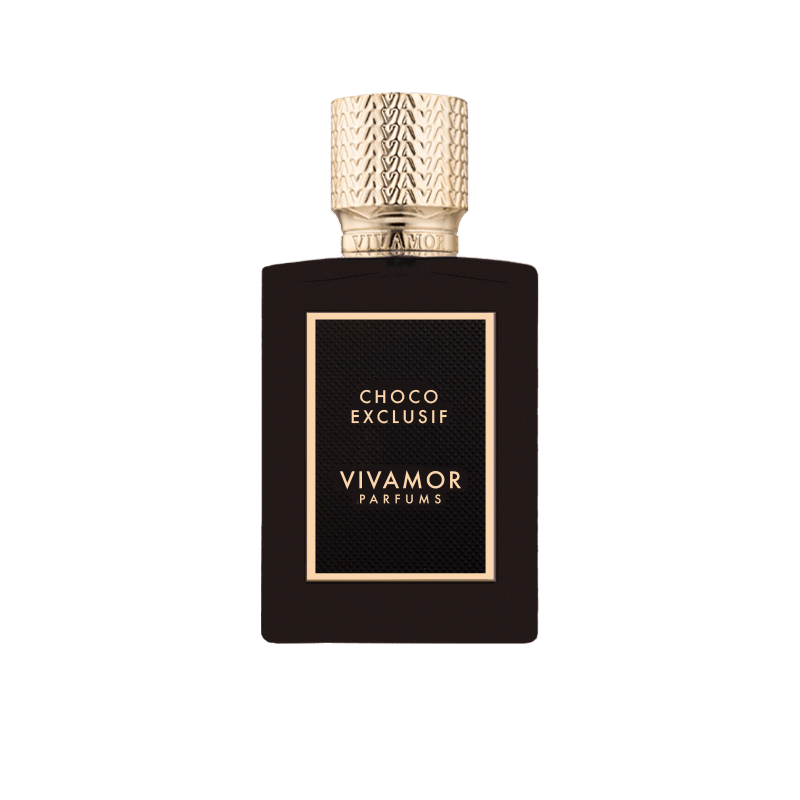 A black bottle of VIVAMOR Parfums' "Choco Exclusif" fragrance, adorned with a textured gold cap and label, exuding the warmth of Madagascan Vanilla.