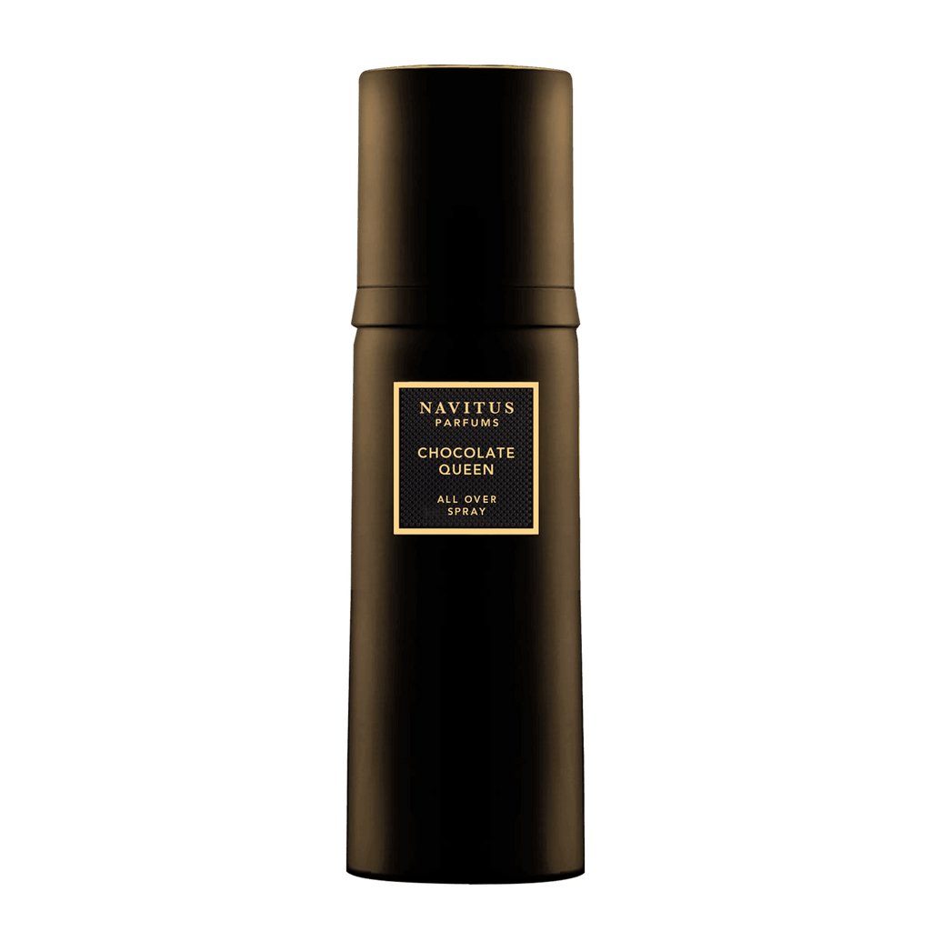 A black bottle of Navitus Parfums' Chocolate Queen, labeled in gold, exudes the essence of a dark chocolate perfume.