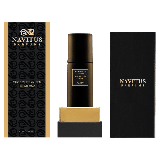 A black and gold bottle of Chocolate Queen by Navitus Parfums is displayed with its packaging. The bottle is centered, with the box on the left and the open cover on the right, exuding an aura of luxurious dark chocolate perfume.