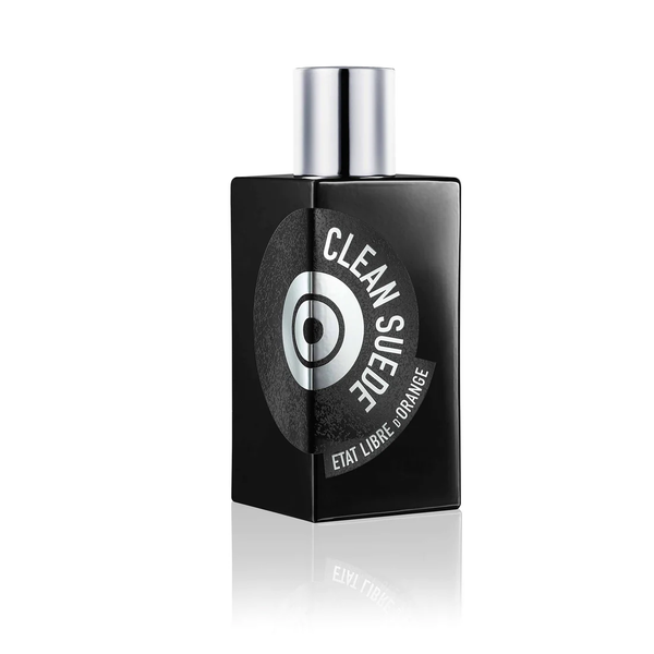 A black rectangular bottle of "Clean Suede" by État Libre d'Orange, complete with a silver cap, evokes the essence of a leather jacket and features a minimalist design with a circular logo.