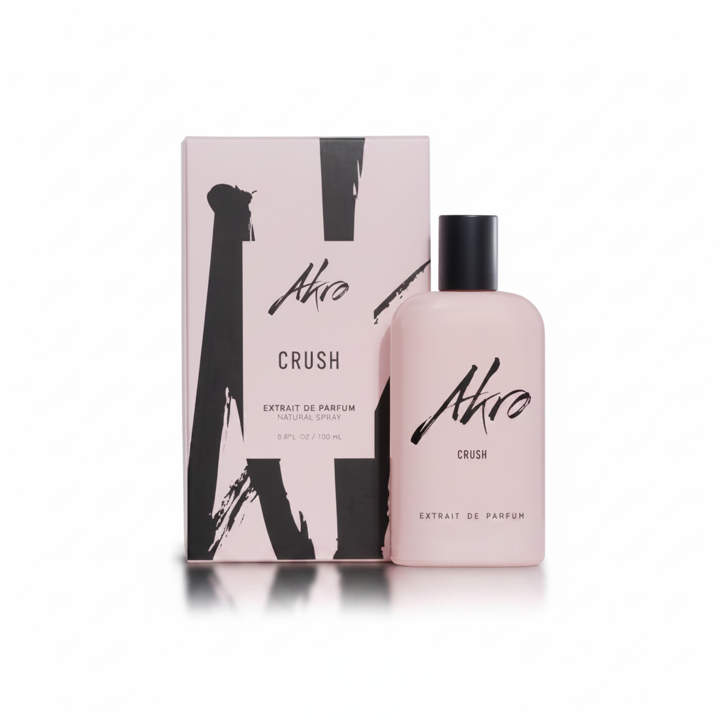 Pink Airo extrait de parfum perfume bottle with black cap beside matching box