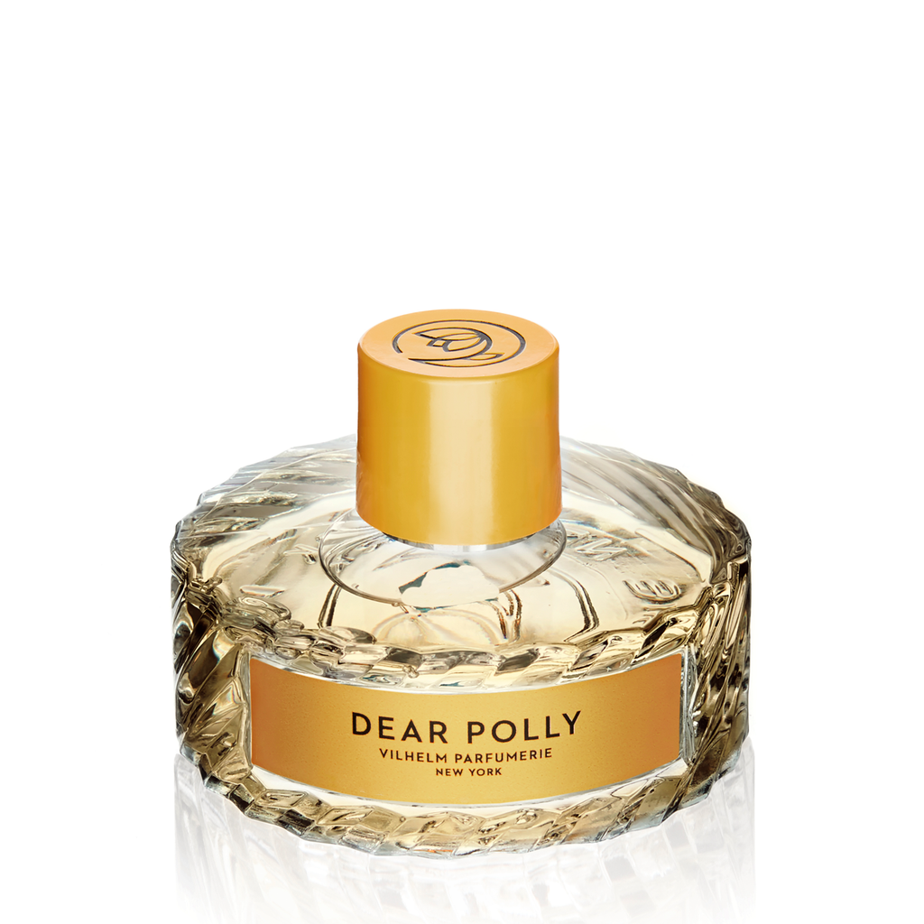 The "Dear Polly" perfume by Vilhelm Parfumerie, New York, comes in a clear glass bottle with a gold cap and contains a light amber liquid with notes of bergamot.