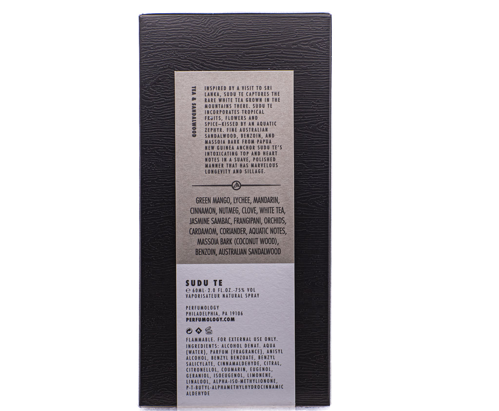 A close-up of a silver and black Perfumology Sudu Te perfume box lists ingredients like white tea and coconut wood, along with contact information. The text describes scent components from Sri Lanka and details the manufacturer's address and website.