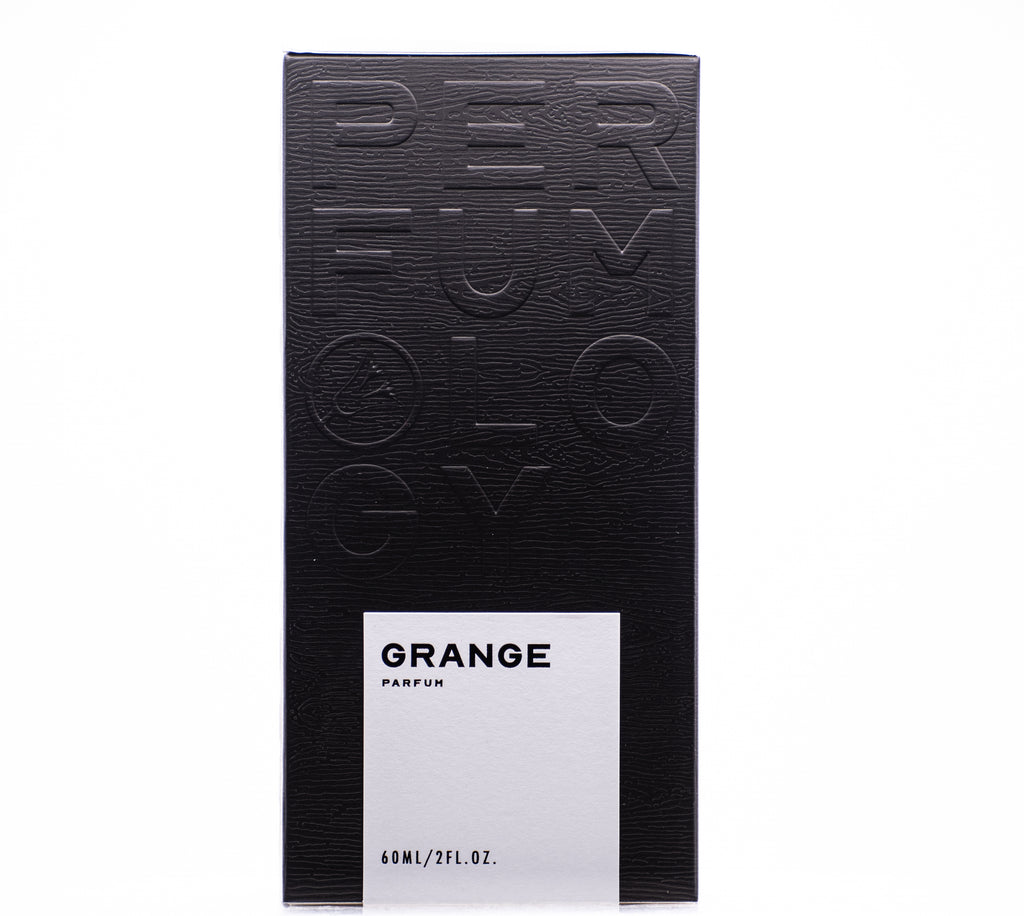 A black and white perfume box labeled "Grange" by Perfumology with a volume of 60ml/2fl.oz. The box has embossed text, evoking the essence of Grange with finishes of mighty oak and American cedar—symbolic soft giants who’ve stood tall for centuries watching residents come and leave.